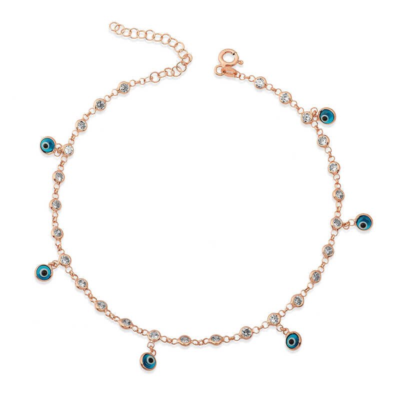 925 Ayar ​Gümüş Sıralı Zirkon Taşlı Nazarlı Rose Halhal