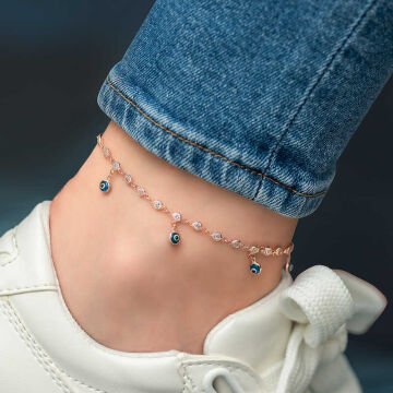 925 Ayar ​Gümüş Sıralı Zirkon Taşlı Nazarlı Rose Halhal