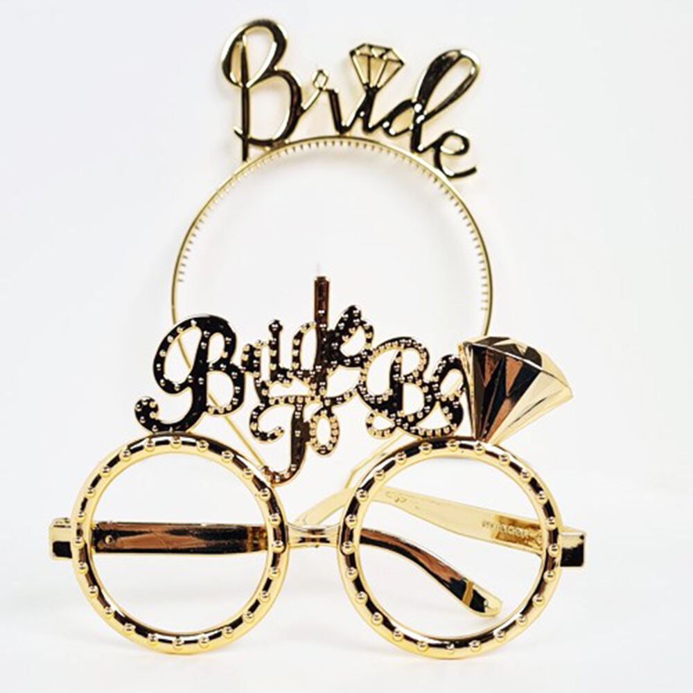 Bride Yazılı Taç ve Bride To Be Yazılı Gözlük Seti Altın Renk