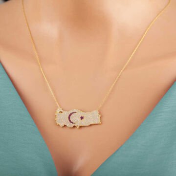 925 Ayar Gümüş Gold Ay Yıldız Türkiye Haritası Kadın Kolye