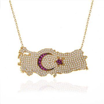 925 Ayar Gümüş Gold Ay Yıldız Türkiye Haritası Kadın Kolye