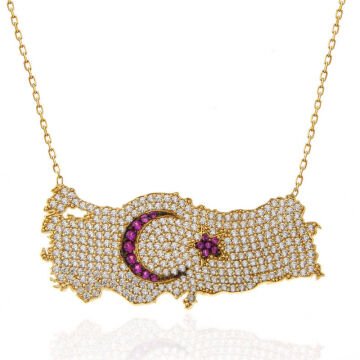 925 Ayar Gümüş Gold Ay Yıldız Türkiye Haritası Kadın Kolye