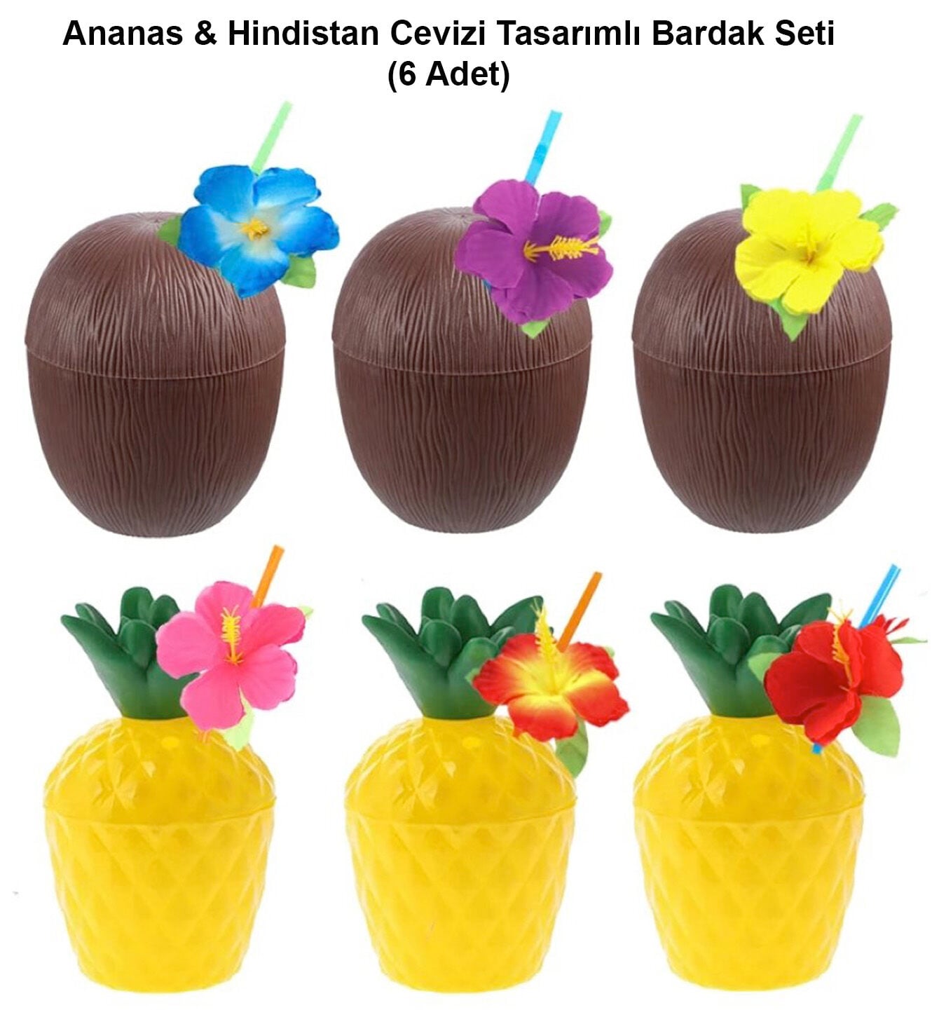 Ananas Hindistan Cevizi Tasarımlı Pipetli Bardak Seti (6 Adet)