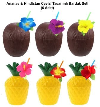 Ananas Hindistan Cevizi Tasarımlı Pipetli Bardak Seti (6 Adet)