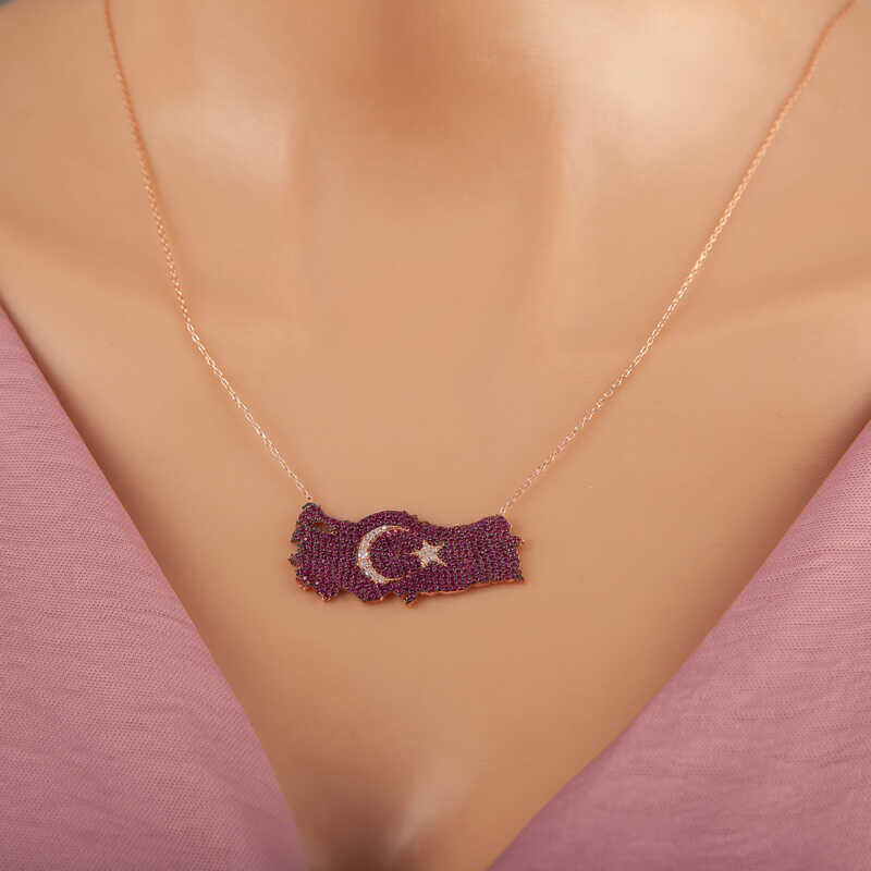 925 Ayar Gümüş Rose Ay Yıldız Türkiye Haritası Kadın Kolye
