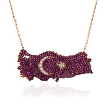 925 Ayar Gümüş Rose Ay Yıldız Türkiye Haritası Kadın Kolye