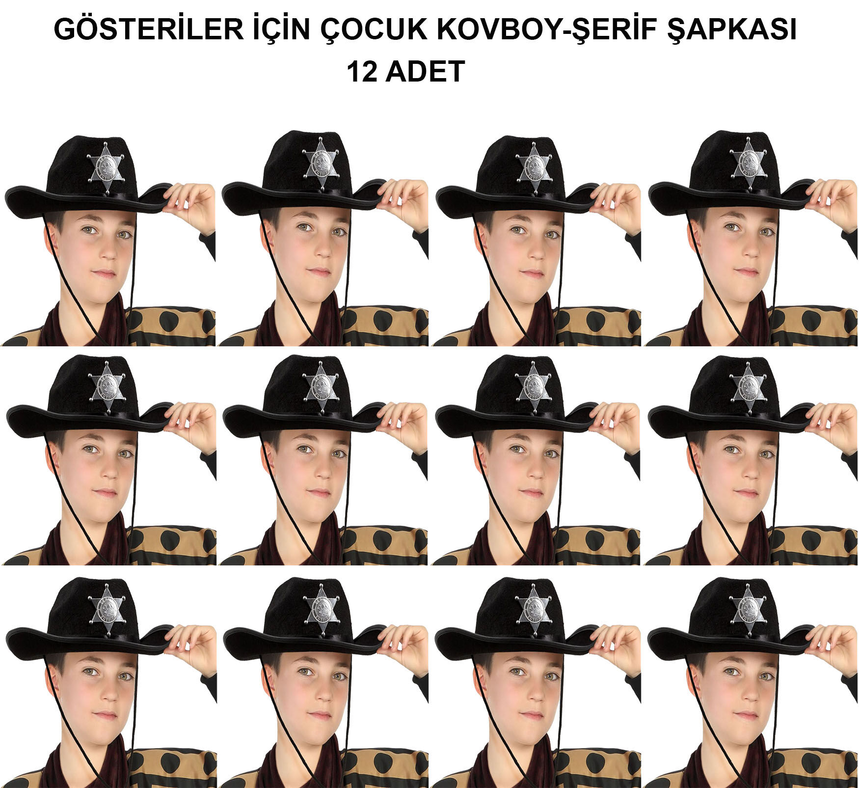 Kovboy Şerif Şapkası Siyah 12 Adet - Kostüm, Parti ve Gösteri Şapkası