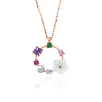 925 Ayar Gümüş Rose Renkli Taşlı Manolya Çiçeği Kadın Kolye