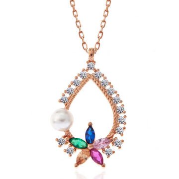 925 Ayar Gümüş Rose Renkli Taşlı Çiçekli Kadın Kolye