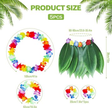 Yetişkin Hawaii Kostüm Seti - Yaprak Etek Hawaii Set - 5 Parça