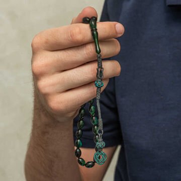 Gümüş Kazaz Püsküllü Yeşil Sıkma Kehribar Tesbih