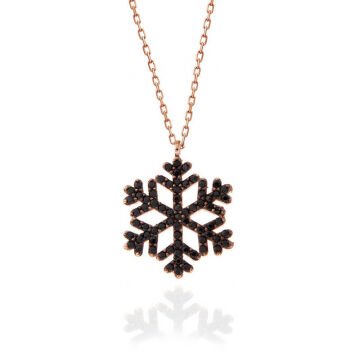925 Ayar Gümüş Rose Siyah Taşlı Kar Tanesi Kadın Kolye