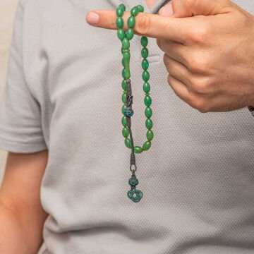 Gümüş Kazaz Püsküllü Yeşil Sıkma Kehribar Tesbih