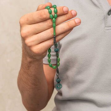 Gümüş Kazaz Püsküllü Yeşil Sıkma Kehribar Tesbih