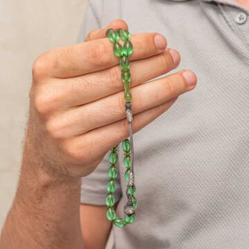 Gümüş Top Kazaz Püsküllü Yeşil Sıkma Kehribar Tesbih
