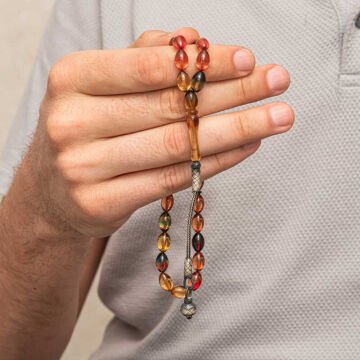 Gümüş Top Kazaz Püsküllü Sıkma Kehribar Tesbih