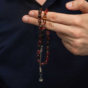 Gümüş Kazaz Püsküllü Sarı Siyah Kırmızı Sıkma Kehribar Tesbih