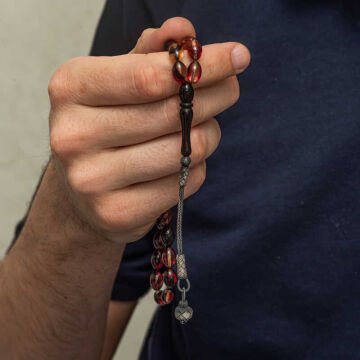 Gümüş Kazaz Püsküllü Sarı Siyah Kırmızı Sıkma Kehribar Tesbih