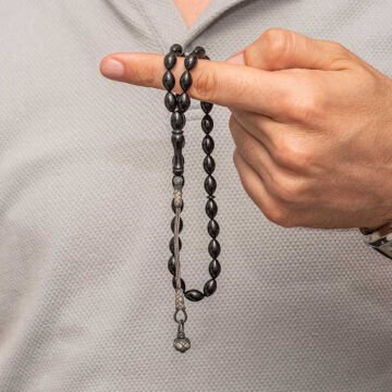Gümüş Kazaz Püsküllü Siyah Sıkma Kehribar Tesbih