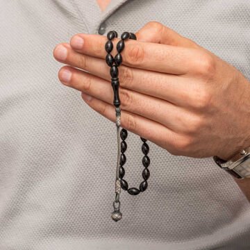 Gümüş Kazaz Püsküllü Siyah Sıkma Kehribar Tesbih