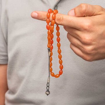 Gümüş Kazaz Püsküllü Sıkma Kehribar Tesbih