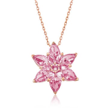 925 Ayar Gümüş Rose Pembe Lotus Çiçeği Kolye