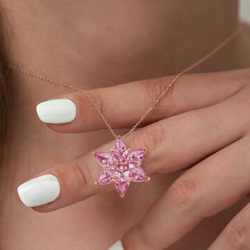 925 Ayar Gümüş Rose Pembe Lotus Çiçeği Kolye