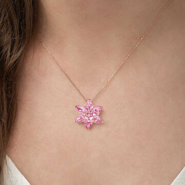 925 Ayar Gümüş Rose Pembe Lotus Çiçeği Kolye