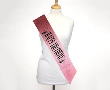 Pembe Üzeri Siyah Büyük Happy Birthday Yazılı Simli Işıltılı Kuşak Kemer 10 cm Genişlik