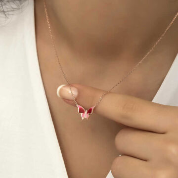 925 Ayar Gümüş Rose Minimal Kelebek Kadın Gümüş Kolye