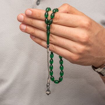 Gümüş Yeşil Kazaz Püsküllü Sıkma Kehribar Tesbih