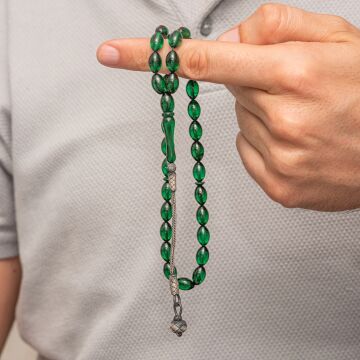 Gümüş Yeşil Kazaz Püsküllü Sıkma Kehribar Tesbih