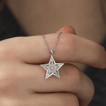 ​​925 Ayar Gümüş Baget Taşlı Yıldız Kadın Gümüş Kolye
