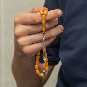 Gümüş Püsküllü Sarı Kapsül Kesim Sıkma Kehribar Tesbih