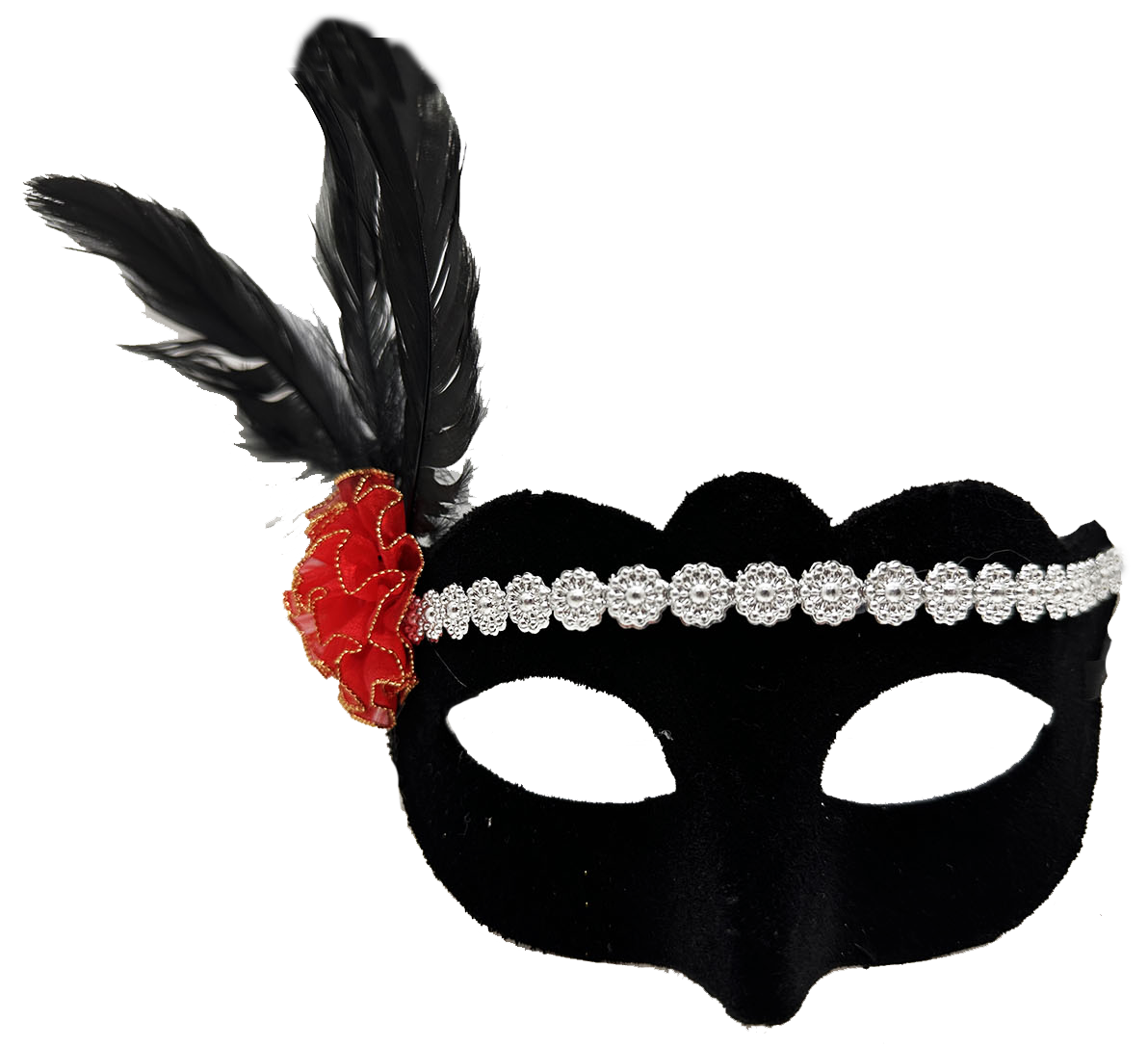 Siyah Renk Süet Kaplama Gümüş Dantelli Kırmızı Gül Tasarımlı Parti Maskesi 18x20 cm