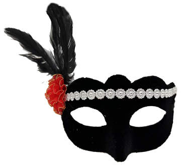 Siyah Renk Süet Kaplama Gümüş Dantelli Kırmızı Gül Tasarımlı Parti Maskesi 18x20 cm