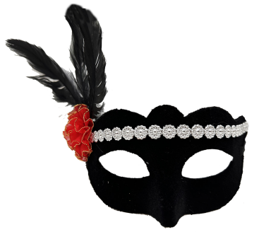 Siyah Renk Süet Kaplama Gümüş Dantelli Kırmızı Gül Tasarımlı Parti Maskesi 18x20 cm