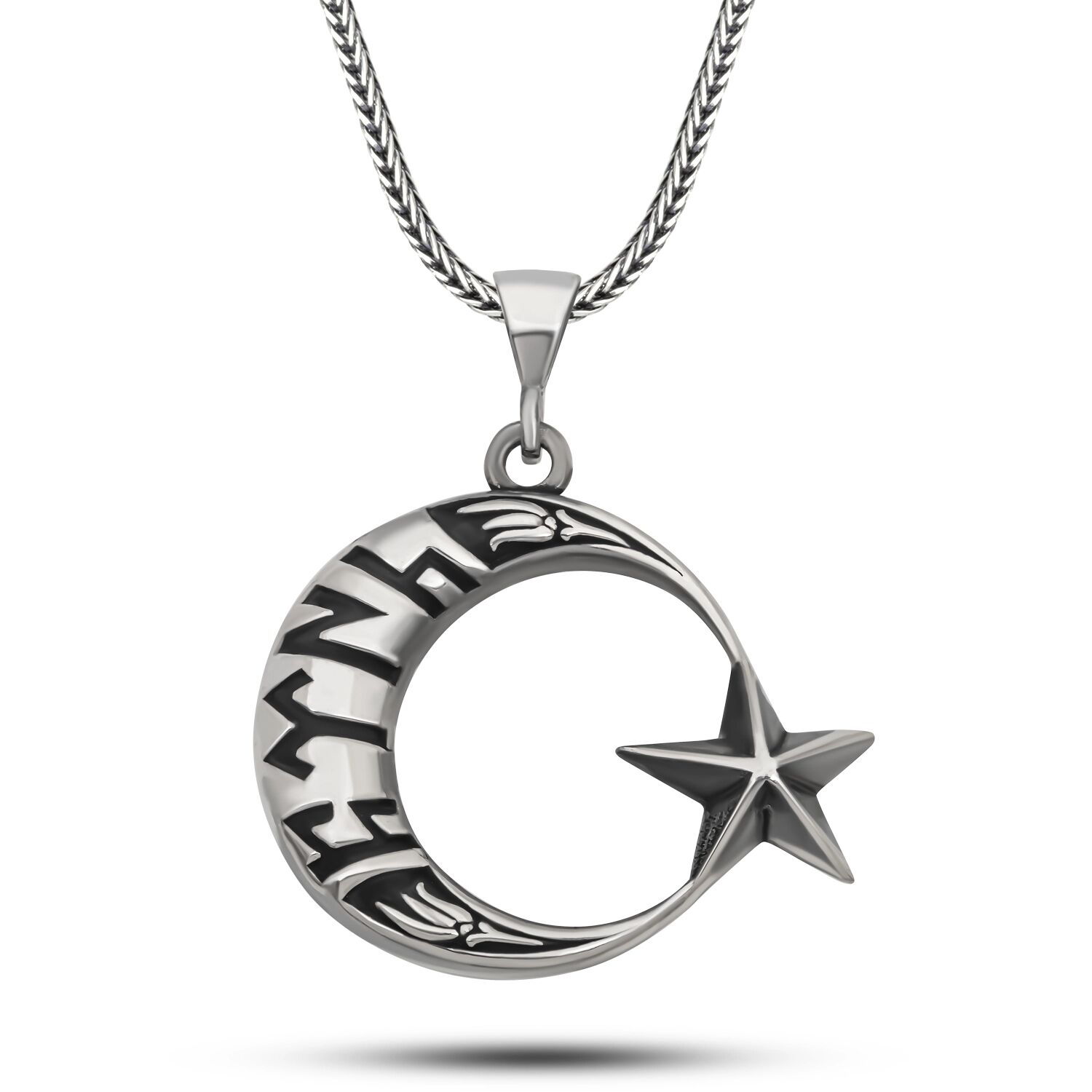 Gümüş Göktürkçe Yazılı Ay Yıldız Erkek Kolye