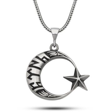 Gümüş Göktürkçe Yazılı Ay Yıldız Erkek Kolye