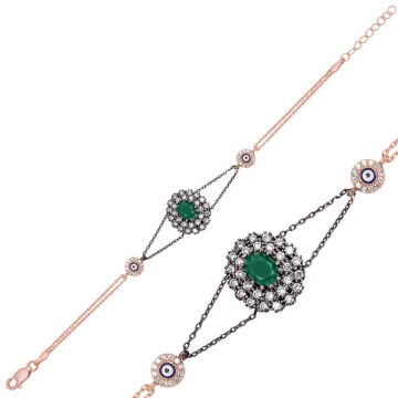 Gümüş Rose Mat Yeşil Taşlı Otantik Bileklik