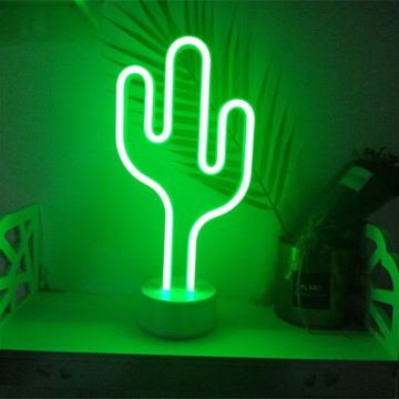 Neon Işıklı Kaktüs Masa Gece Lambası USB+Pil Dekoratif Aydınlatma