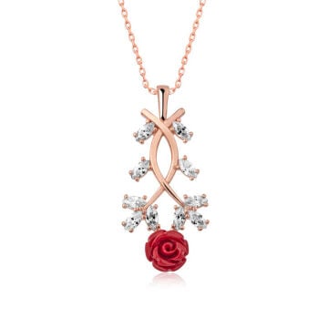 ​925 Ayar Gümüş Rose Kırmızı Gül Gümüş Kolye