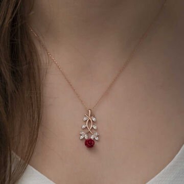 ​925 Ayar Gümüş Rose Kırmızı Gül Gümüş Kolye