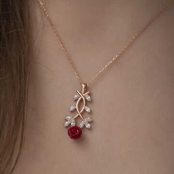 ​925 Ayar Gümüş Rose Kırmızı Gül Gümüş Kolye