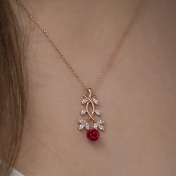 ​925 Ayar Gümüş Rose Kırmızı Gül Gümüş Kolye
