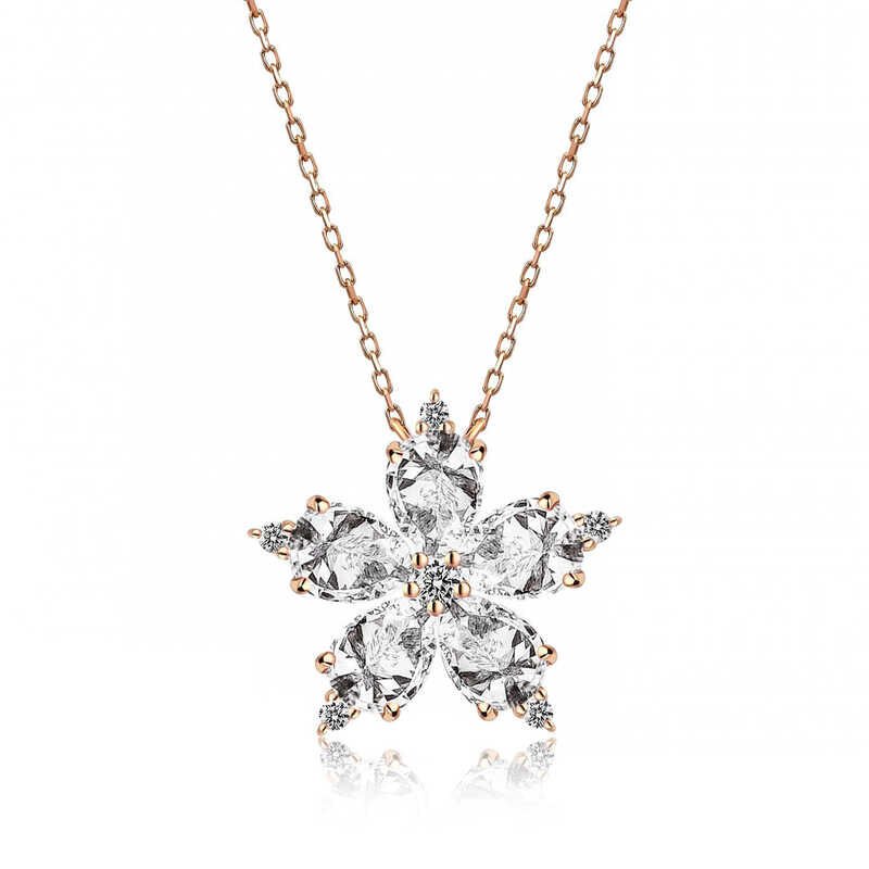 925 Ayar Gümüş Rose Beyaz Kamelya Çiçeği Kolye