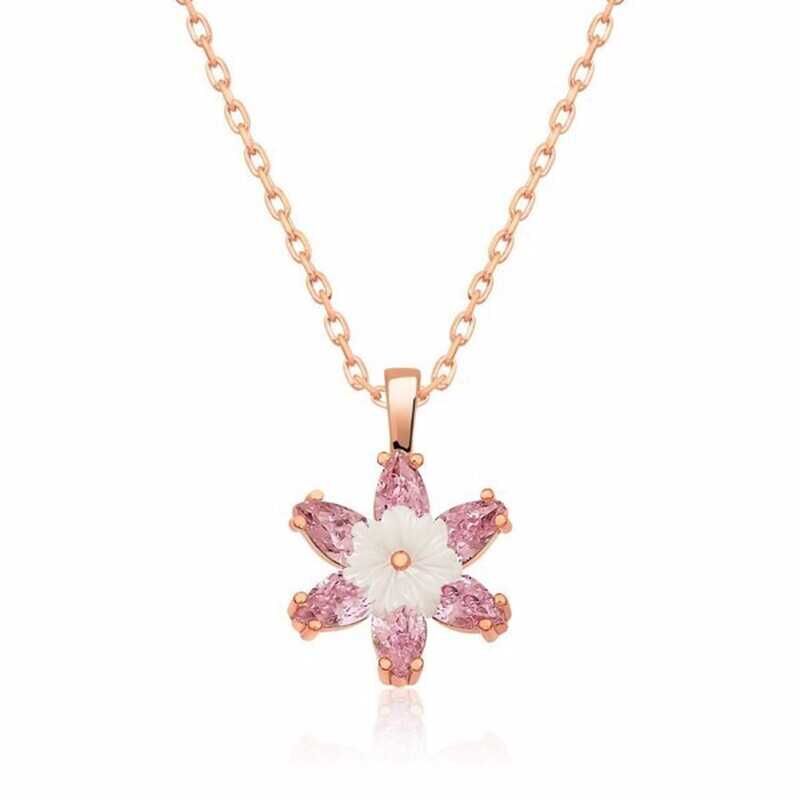 925 Ayar Gümüş Rose Pembe Lotus Çiçeği Kolye