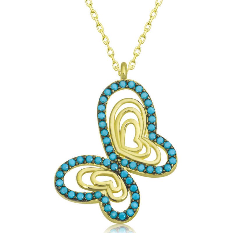Gümüş Gold Turkuaz Taşlı Kelebek Kadın Kolye