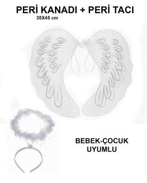 Beyaz Dantel Tüllü Peri Kanadı ve Peri Tacı Seti 45x40 cm