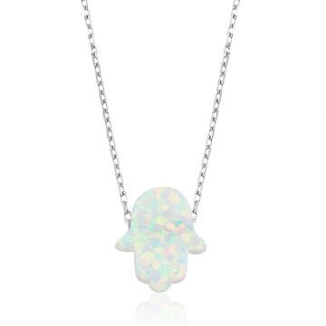 925 Ayar Gümüş Beyaz Opal Fatma Ana Eli Kadın Gümüş Kolye